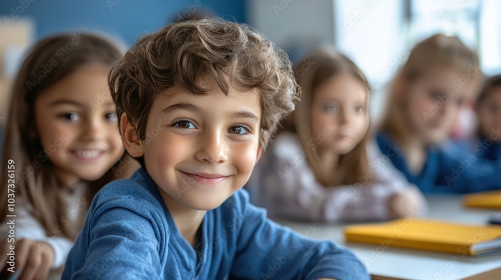 primary elementary school group of children studying in the classroom. learning and sitting at the desk. young cute kids smiling, high quality photo