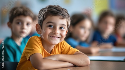 primary elementary school group of children studying in the classroom. learning and sitting at the desk. young cute kids smiling, high quality photo
