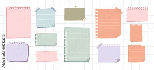Hand Drawn Cute Paper Note with Tape Vector Collection. Colorful Blank Paper Notes for Message, Journals, Planners, To-Do Lists, Memo Template. Hand Drawn Paper Reminder flat vector illustrations