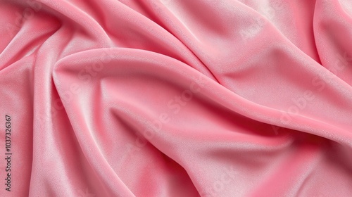 Light pink velor, velour fabric with folds background. Pink velvet fabric background.