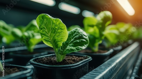 Emerging green plant leaves thrive in plastic pots under intense, bright indoor lighting, capturing the essence of cultivation and the vibrant promise of new life. photo