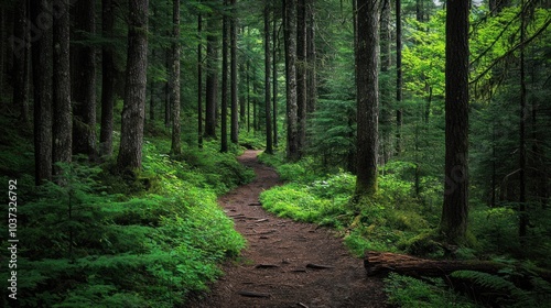 Dense forest landscape, with towering trees, lush green foliage, and a hidden path leading deeper into the woods.