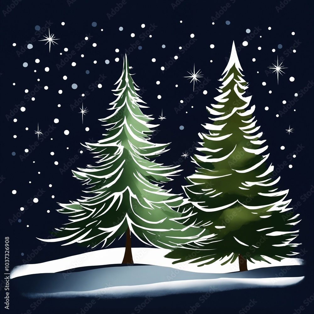 Obraz premium Christmas tree in winter holiday card background watercolor aquarelle