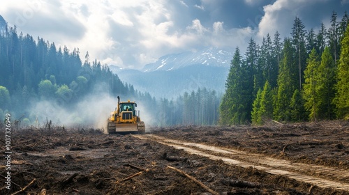 A bulldozer makes its way through recently cleared forested land disrupting nature