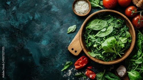 A striking arrangement of fresh green spinach leaves features prominently, accompanied by ripe tomatoes and other fresh ingredients on a dark, textured backdrop.