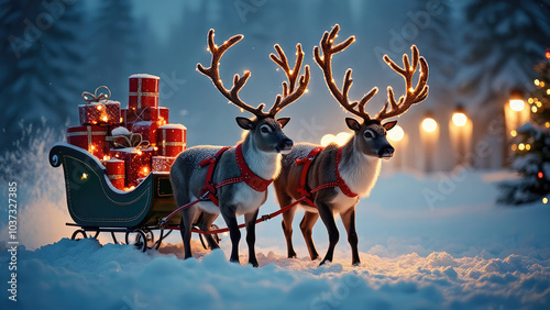 Vibrant winter wonderland scene, featuring festive reindeer pulling a sleigh overflowing with gifts