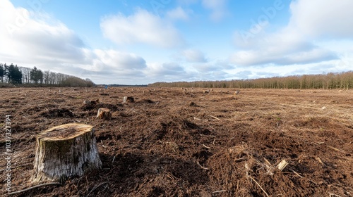 Barren land stands bare after logging activities showcasing tree stumps in desolation