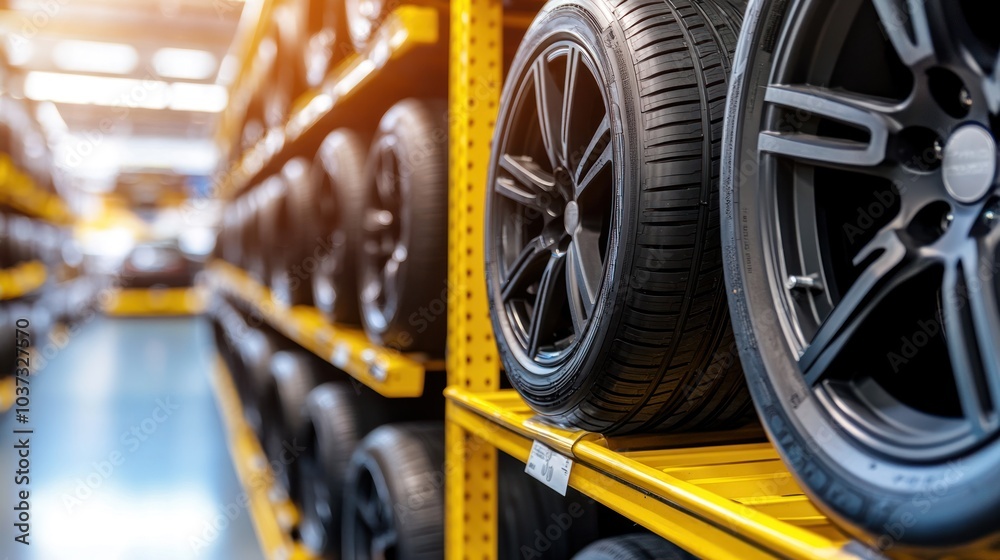 A display of tires on shelves in a well-lit automotive store. A display of tires on shelves in a well-lit automotive store.
