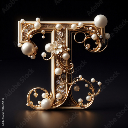 T. The letter of the Latin alphabet in the form of a luxurious openwork jewelry made of gold, decorated with precious stones, diamonds and pearls. On a black background.