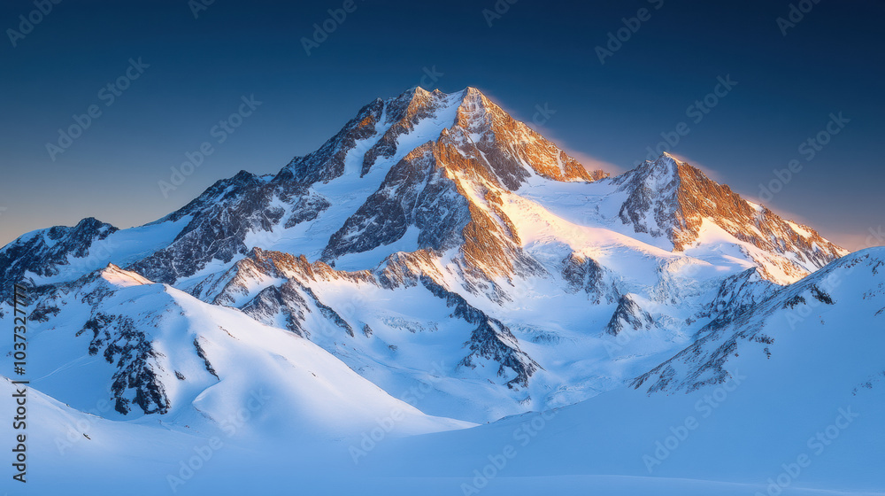 Fototapeta premium first rays of sunrise illuminate snow covered mountain peaks, creating breathtaking view