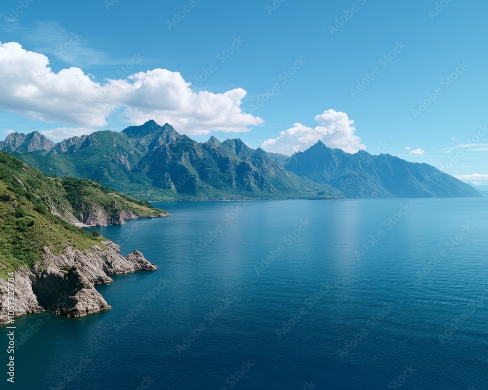 Scenic view of mountains and calm water under a clear blue sky. Scenic view of mountains and calm water under a clear blue sky.