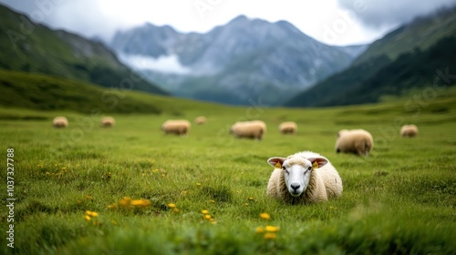 A peaceful sheep resting in a wide open valley, encircled by majestic, rugged mountains, under a cloudy sky and amidst a tranquil, verdant landscape. photo