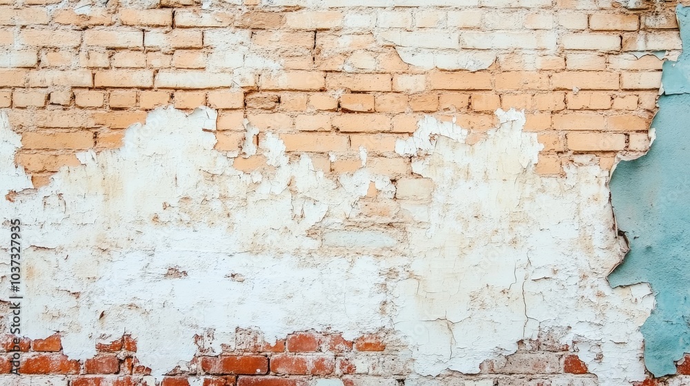 Textured layers of peeling paint reveal the history of this weathered brick walls decay