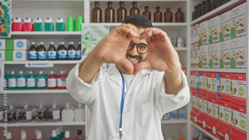 A cheerful hispanic man forming a heart shape with his hands in a well-stocked pharmacy A cheerful hispanic man forming a heart shape with his hands in a well-stocked pharmacy
