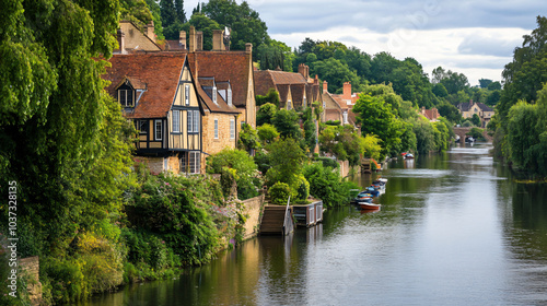 A picturesque riverside village, with quaint houses and lush gardens along the banks.