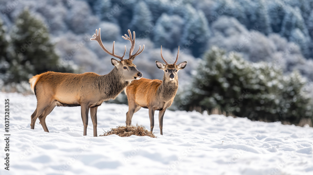 Foraging deer in snow create serene winter scene Foraging deer in snow create serene winter scene