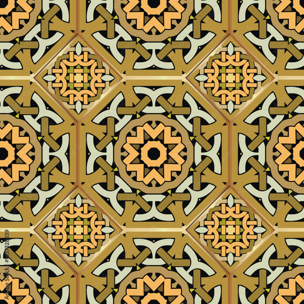 Celtic arabesque ethnic style bright seamless pattern in golden colors. Ornamental floral background. Repeat vector backdrop. Beautiful intricate ornaments with celtic knots. Endless ornate texture. Celtic arabesque ethnic style bright seamless pattern in golden colors. Ornamental floral background. Repeat vector backdrop. Beautiful intricate ornaments with celtic knots. Endless ornate texture.
