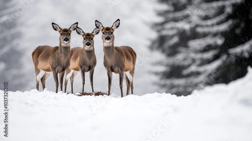 Wild deer foraging in snow, showcasing their natural habitat and beauty