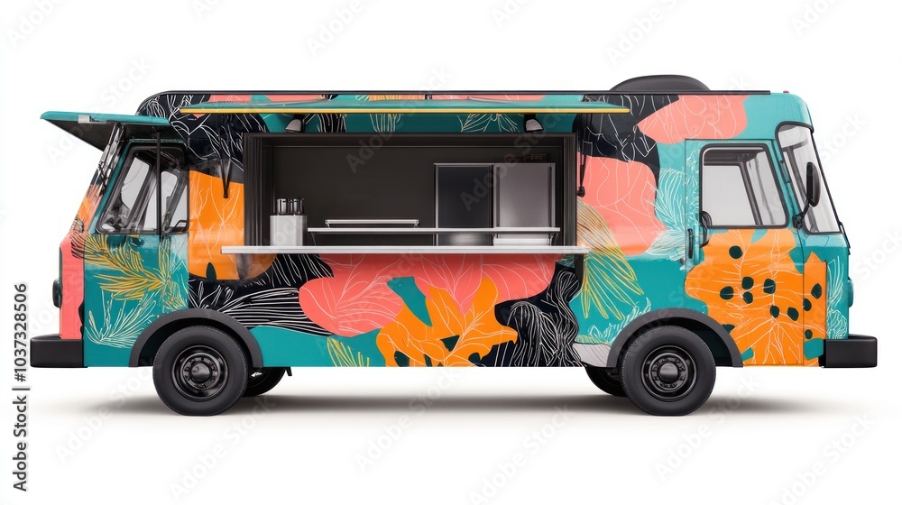 Food truck front view, showing bold graphics and an open serving window, isolated on white. Food truck front view, showing bold graphics and an open serving window, isolated on white.