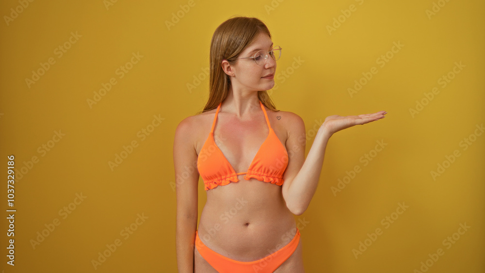 Young blonde woman in an orange bikini presenting something with her extended palm against an isolated yellow background Young blonde woman in an orange bikini presenting something with her extended palm against an isolated yellow background