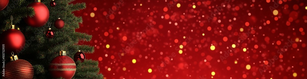 Christmas Tree With Ornament And Bokeh Lights In Red Background Christmas Tree With Ornament And Bokeh Lights In Red Background