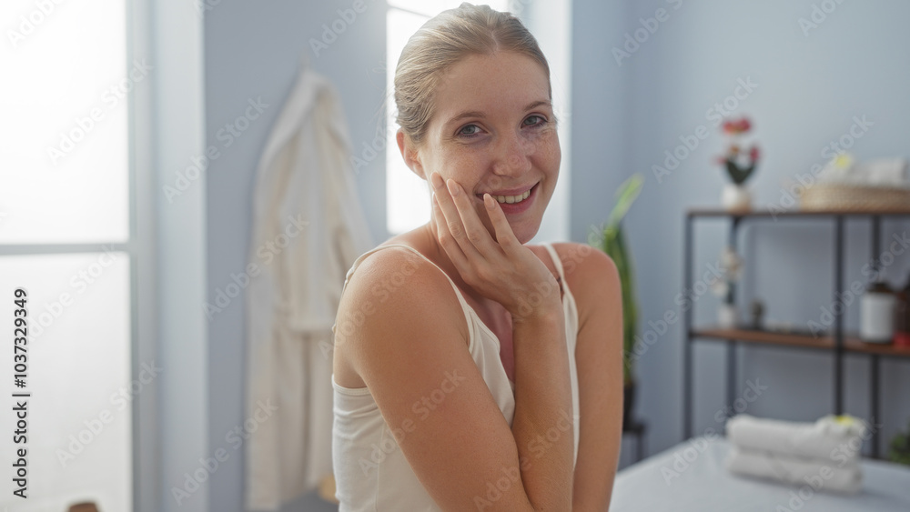 Smiling beautiful blonde woman enjoying her time at a wellness spa center indoor room Smiling beautiful blonde woman enjoying her time at a wellness spa center indoor room