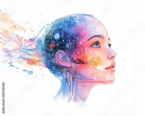 Superintelligent AI of colourful, androgynic human face with neural connections from brain - Highly intelligent robot mastermind. Depicted in watercolour style, flat lay white background