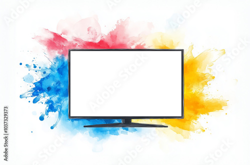 Empty television template design mockup for showcasing TV programmes, movies, cinema or smart apps. Flat lay product showcase in artistic watercolour style