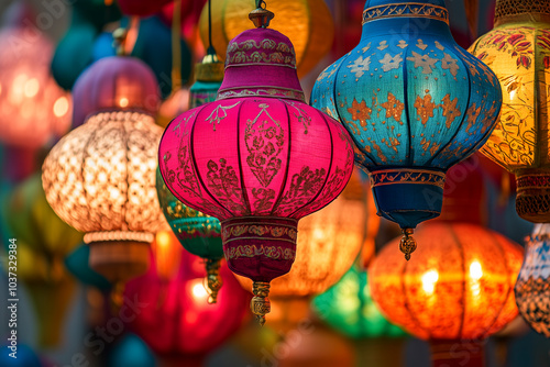 A row of colorful decorative lanterns hanging outdoors. Copy space. Festive background for the Festival of Lights, Diwali. photo