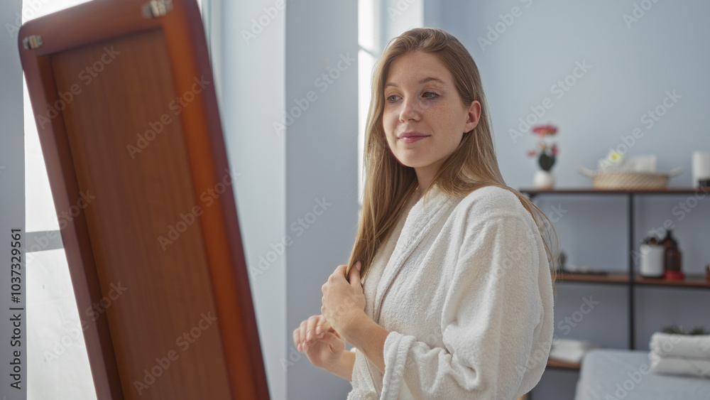 Young, beautiful, blonde, woman, wearing, robe, stands, looking, mirror, spa Young, beautiful, blonde, woman, wearing, robe, stands, looking, mirror, spa