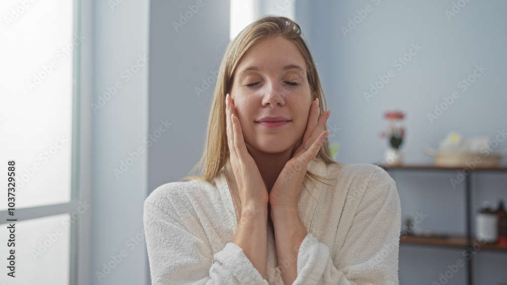 Young woman in a spa wearing a white robe with her eyes closed gently touching her cheeks in a serene wellness center Young woman in a spa wearing a white robe with her eyes closed gently touching her cheeks in a serene wellness center