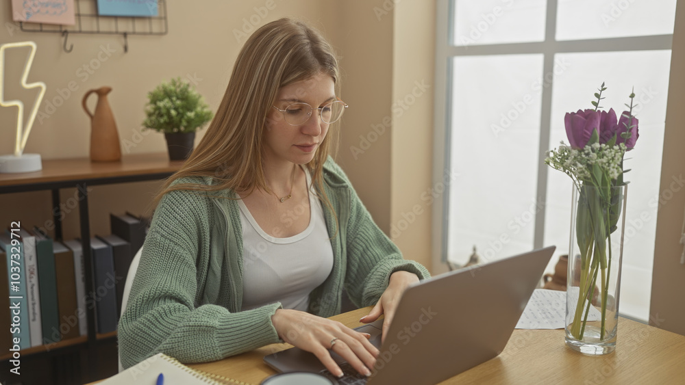A blonde woman working on a laptop in a cozy home office setup with flowers and books. A blonde woman working on a laptop in a cozy home office setup with flowers and books.