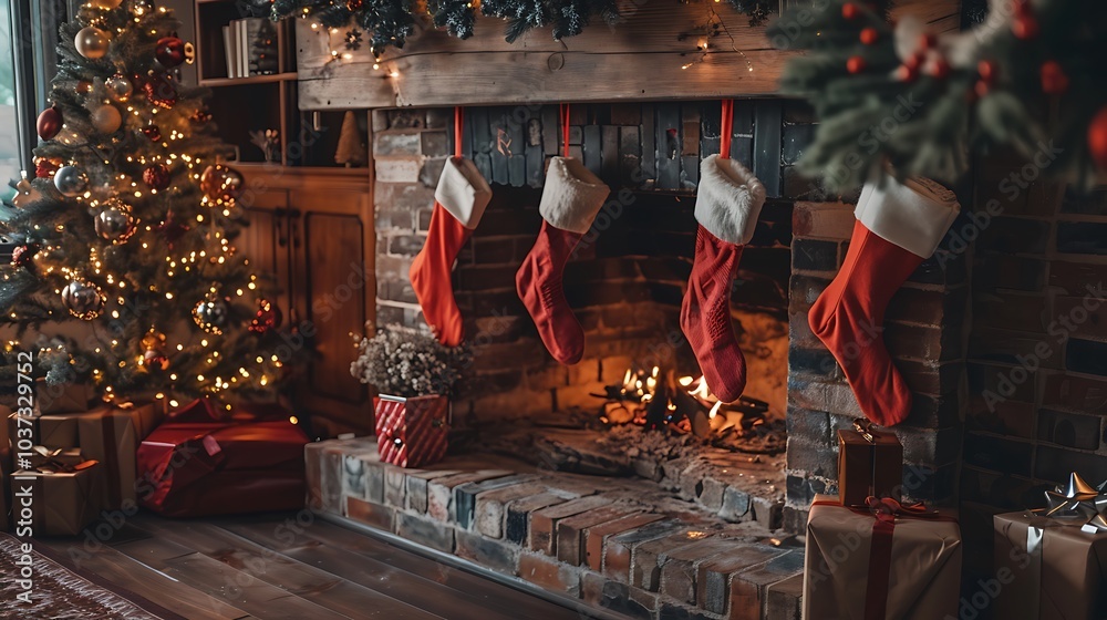 A quaint festive scene with stockings hanging over the fireplace and a decorated tree A quaint festive scene with stockings hanging over the fireplace and a decorated tree