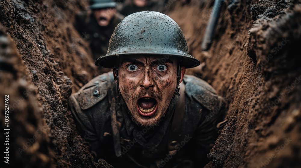 Fototapeta premium soldier screaming in trench, covered in dirt and expressing intense emotion, captures raw reality of war. scene evokes feelings of fear and urgency