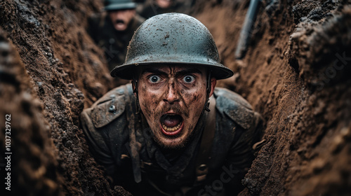 soldier screaming in trench, covered in dirt and expressing intense emotion, captures raw reality of war. scene evokes feelings of fear and urgency