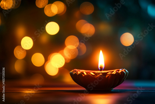 Lit lamp with glowing lights in the background and the text "Happy Diwali." Copy space. Festive background for celebrating Diwali.