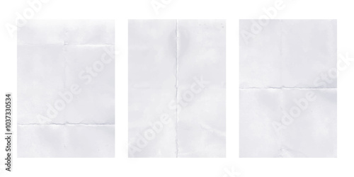Folded worn grey white paper set. Trendy background crumpled paper texture for poster