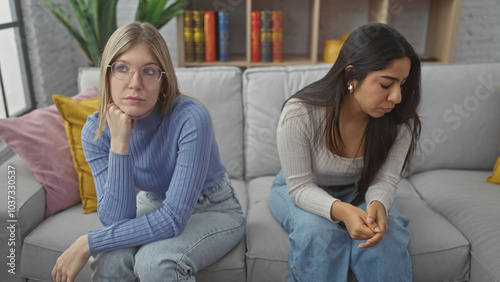 Konstfotografi Two women sitting on a couch in a living room look pensive and sad, reflecting a somber mood at home