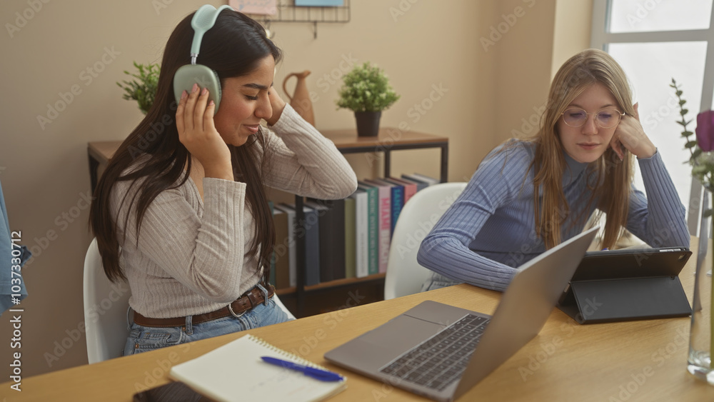 Two women studying with headphones and a tablet in a cozy living room setup, evoking a sense of comfort and concentration. Two women studying with headphones and a tablet in a cozy living room setup, evoking a sense of comfort and concentration.