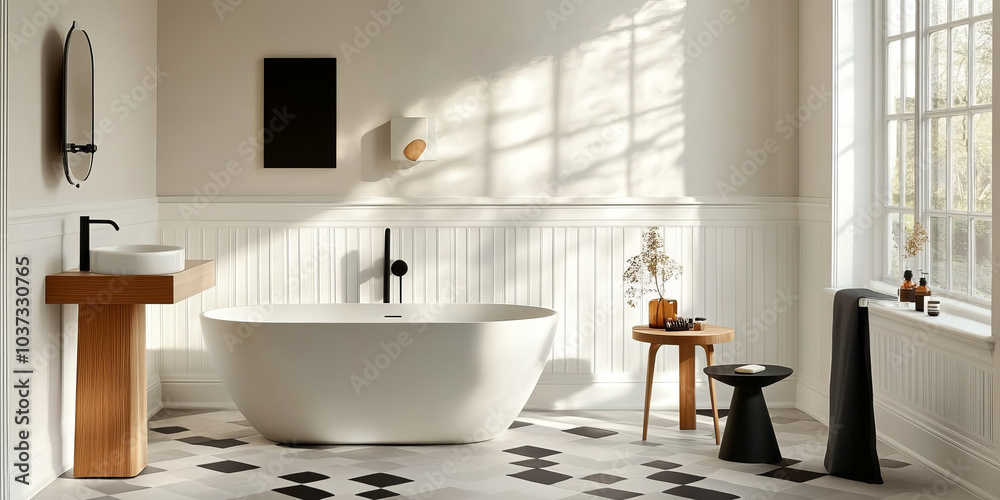 A modern bathroom featuring freestanding bathtub, minimalist design, and natural light. elegant decor includes wooden sink, stylish furniture, and geometric flooring, creating serene atmosphere A modern bathroom featuring freestanding bathtub, minimalist design, and natural light. elegant decor includes wooden sink, stylish furniture, and geometric flooring, creating serene atmosphere
