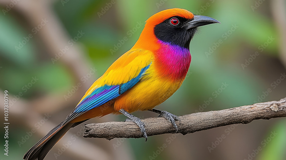Fototapeta premium A vibrant bird displays its striking plumage while resting on a branch in a richly colored natural setting