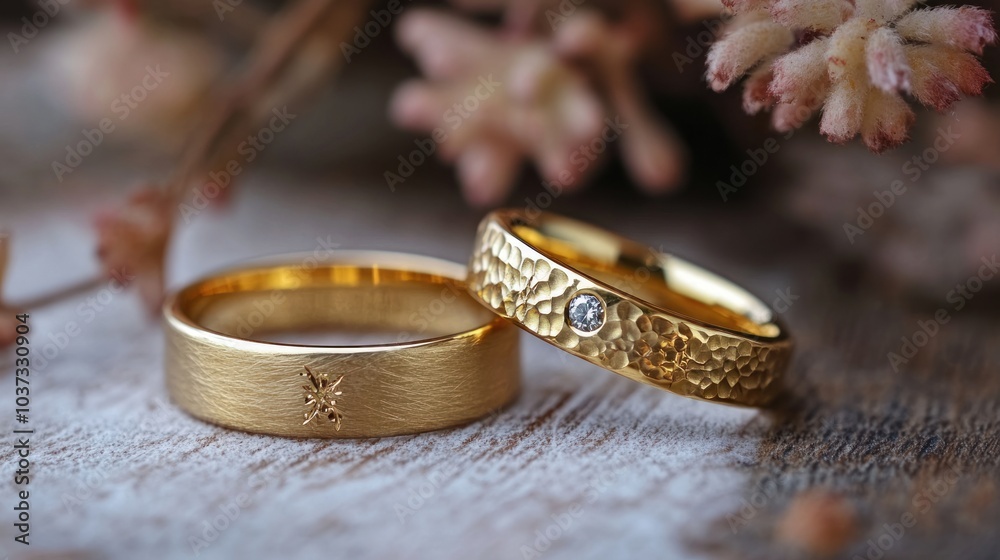 Two elegant wedding rings displayed on a rustic surface with natural elements. Two elegant wedding rings displayed on a rustic surface with natural elements.