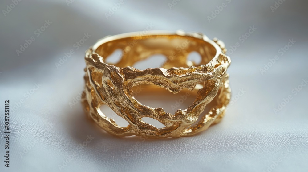 A textured gold ring with an organic, open design, showcasing intricate craftsmanship. A textured gold ring with an organic, open design, showcasing intricate craftsmanship.