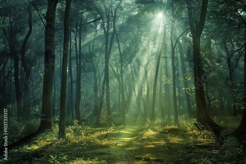 Sunlight streams through trees in a peaceful forest, creating a beautiful play of light on a quiet path surrounded by lush greenery and nature