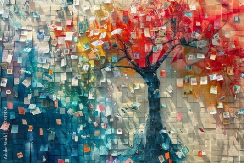 Vibrant mural displaying a colorful tree made of sticky notes in an urban setting during daylight hours