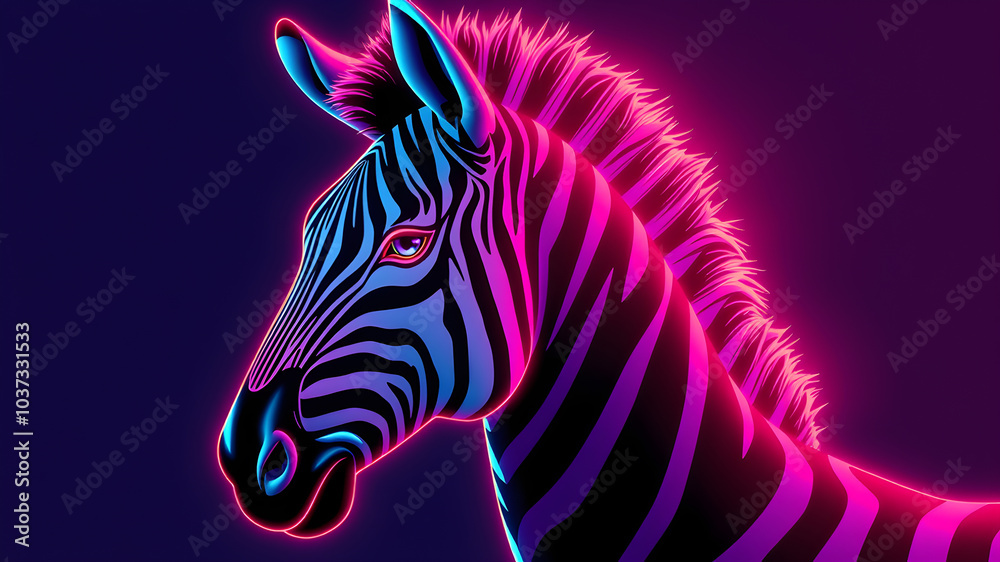 Obraz premium Zebra neon avatar vector-style image of cyberpunk head. Generative AI