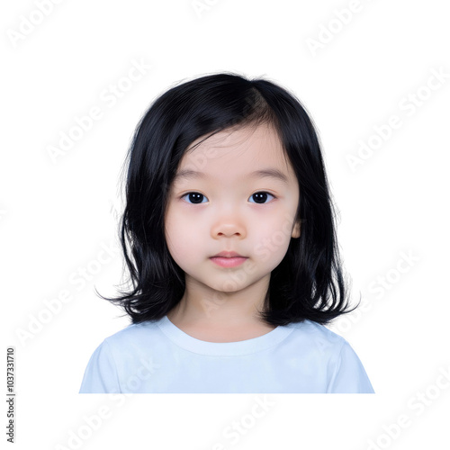 Portrait of a Young Asian Girl with Black Hair and White T-Shirt