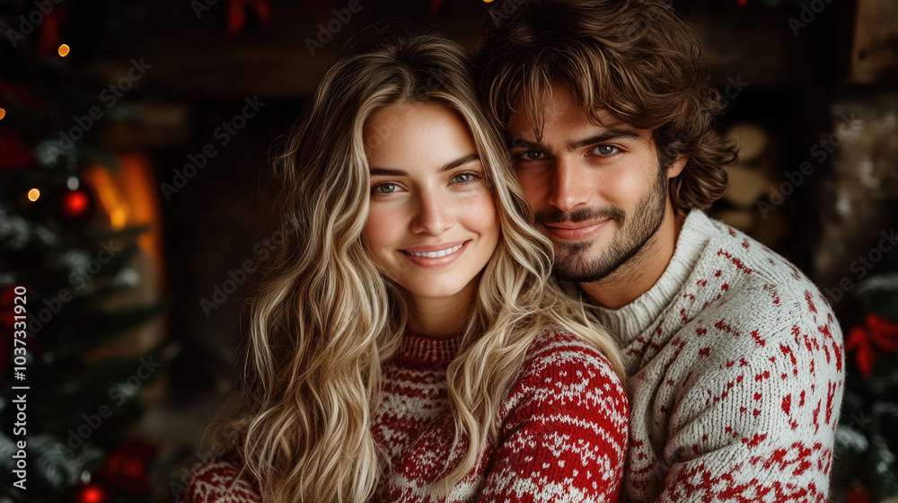A happy couple embraces each other by the Christmas tree, surrounded by warm lights and holiday decorations, embodying festive cheer and love A happy couple embraces each other by the Christmas tree, surrounded by warm lights and holiday decorations, embodying festive cheer and love
