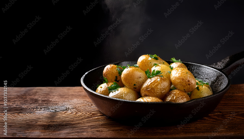 A steaming cast iron skillet filled with golden roasted potatoes garnished with fresh herbs. Perfect for illustrating home-cooked meals, rustic cuisine, or gourmet presentation. A steaming cast iron skillet filled with golden roasted potatoes garnished with fresh herbs. Perfect for illustrating home-cooked meals, rustic cuisine, or gourmet presentation.