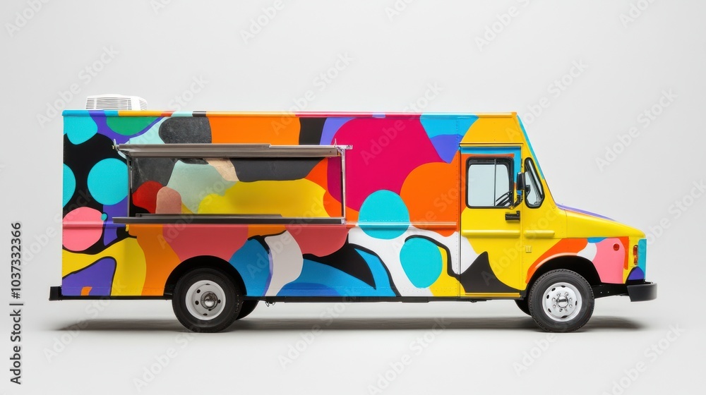 Fototapeta premium Mobile food truck with colorful branding, set against a plain white backdrop for contrast.
